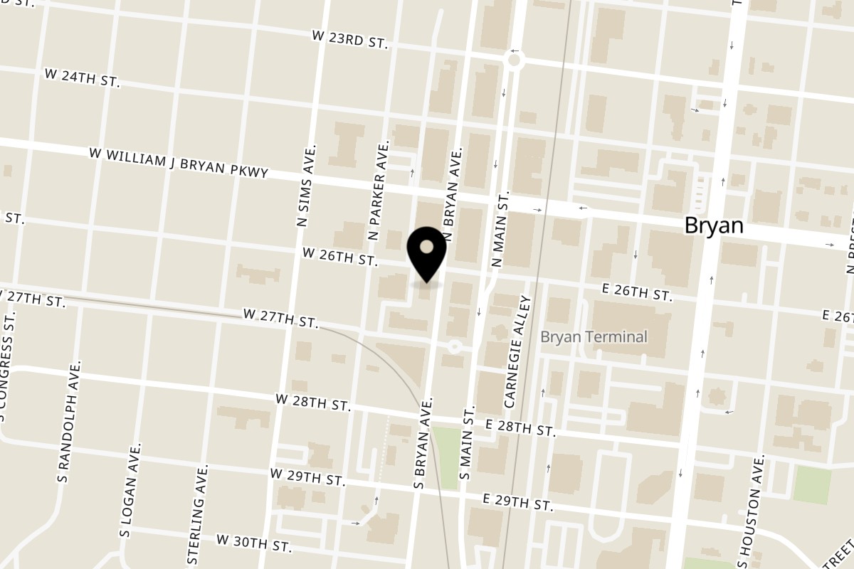 Map showing the location of Mr. G's Italian Pizzeria on 201 W 26th St in Bryan